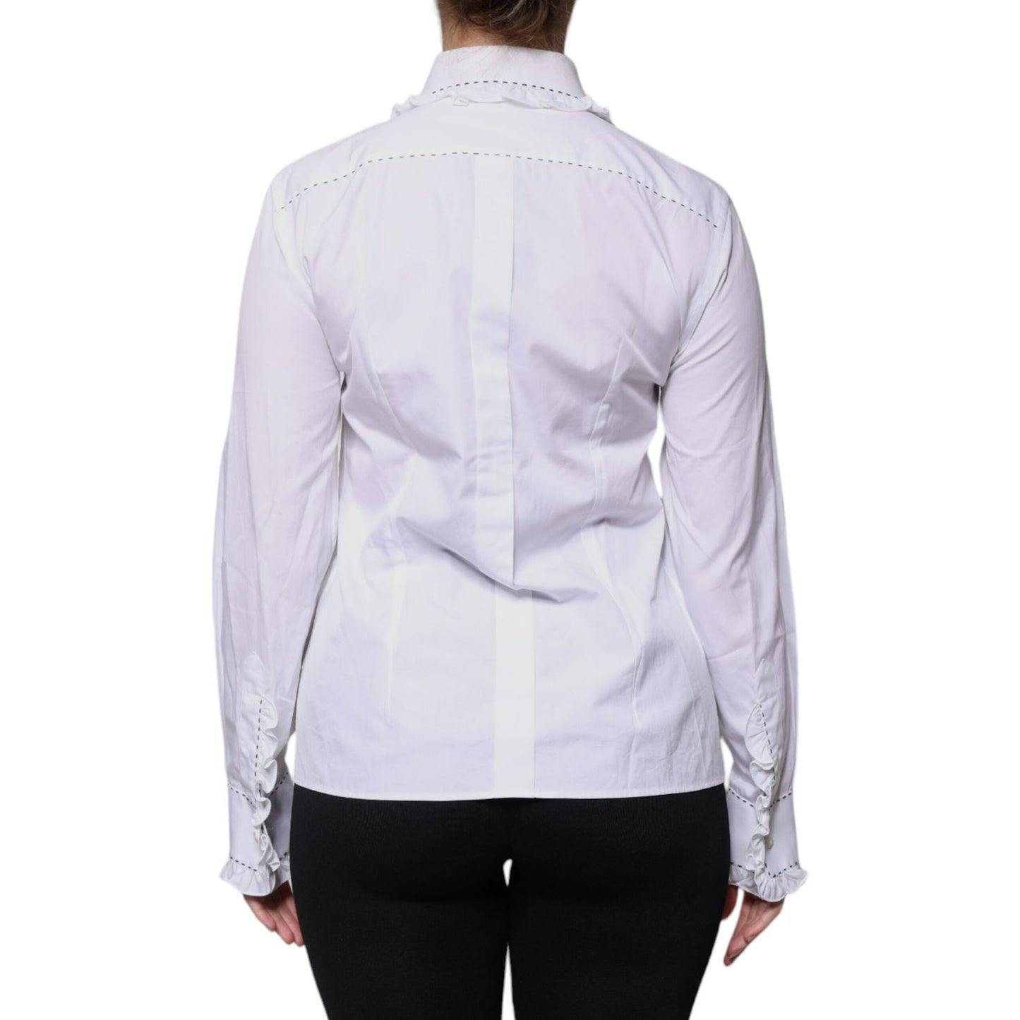 Dolce & Gabbana White Cotton Long Sleeves Ruffle Collar Top