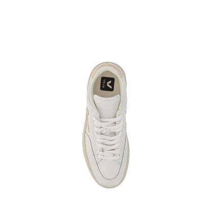 Veja White Rubber Low Top Sneakers with calf leather V-12 design, lace-up front, and iconic brand monogram and logo accents.