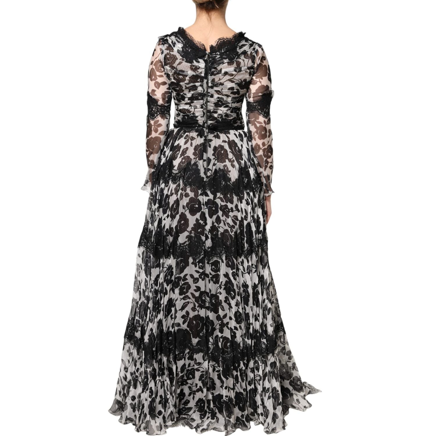 Dolce & Gabbana Black Silk Floral Lace Ricamo Ball Maxi Dress
