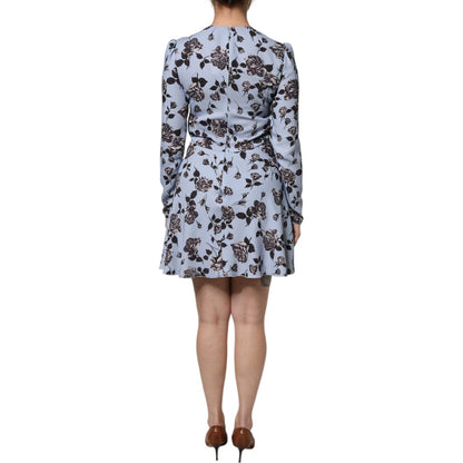 Valentino Light Blue Floral Long Sleeves A-line Mini Dress