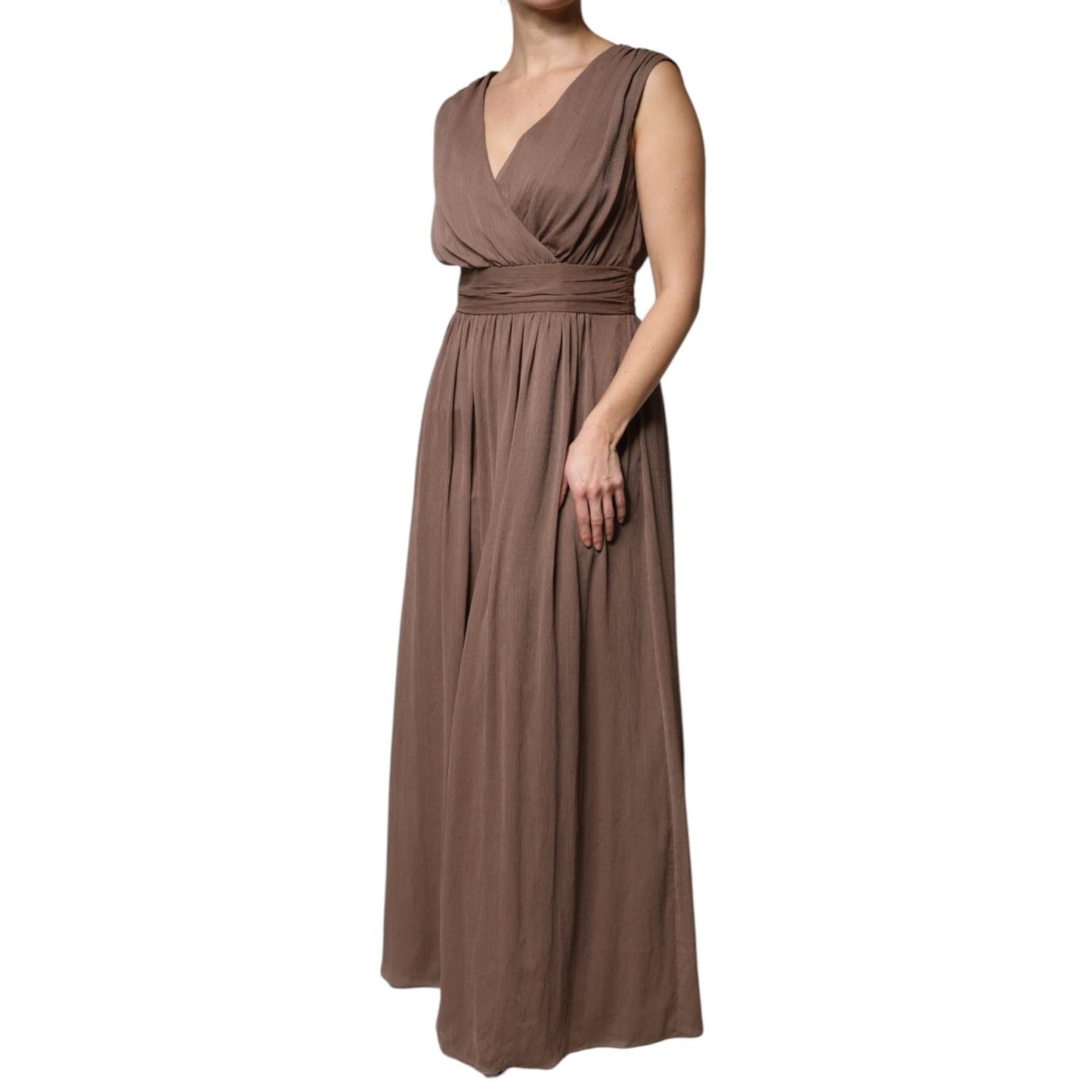 Peserico Brown Sleeveless Deep V-neck A-line Long Maxi Dress