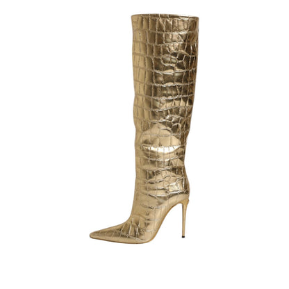 Dolce & Gabbana Gold Leather Stiletto Heels High Boots Shoes