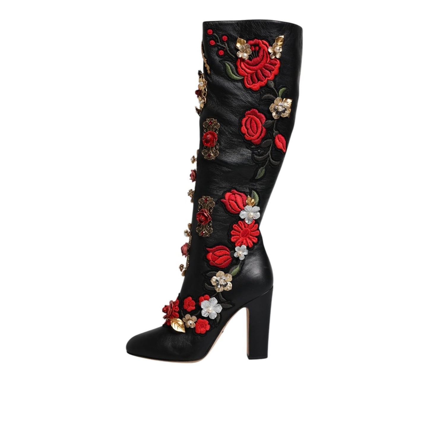 Dolce & Gabbana Black Roses Embellished Leather Heel Boots Shoes