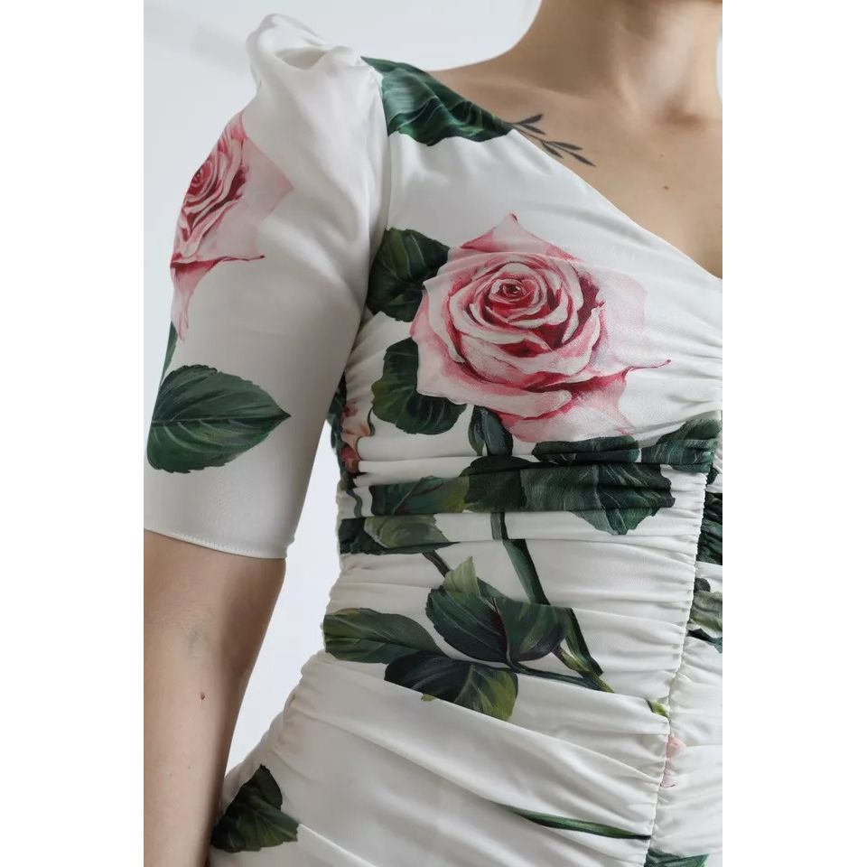 Dolce & Gabbana White Roses Print Stretch Silk Pleated Dress