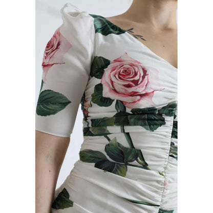 Dolce & Gabbana White Roses Print Stretch Silk Pleated Dress