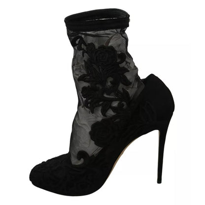 Dolce & Gabbana Black Tulle Stretch Floral Booties Shoes
