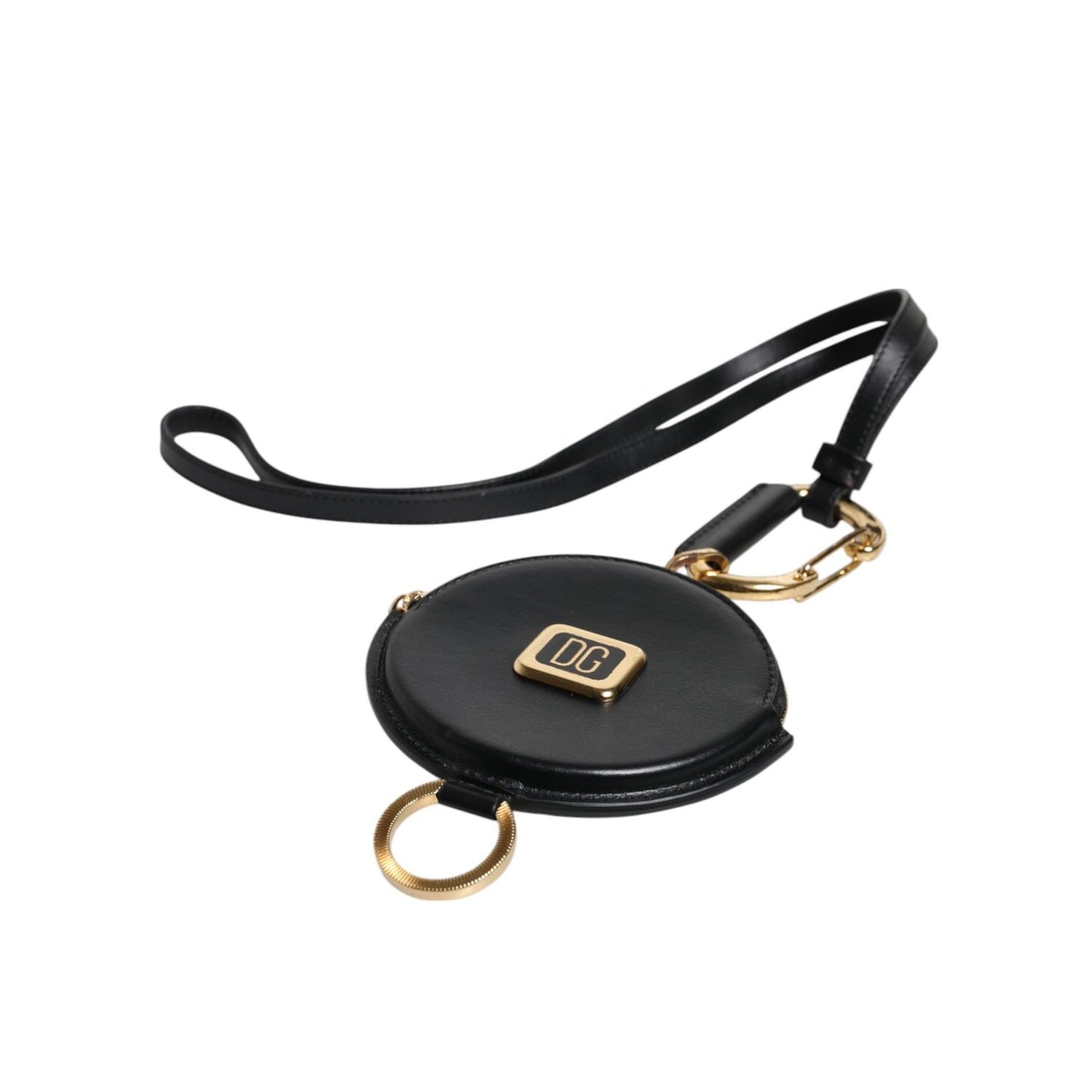 Dolce & Gabbana Black Round Leather DG Logo Coin Purse Lanyard Wallet
