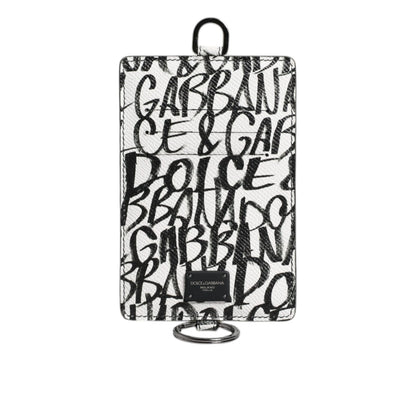 Dolce & Gabbana White Leather Lanyard Logo Print Card Holder Wallet