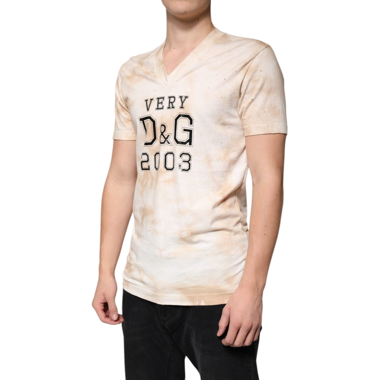 Dolce & Gabbana Beige Graphic Print Cotton V-neck T-shirt