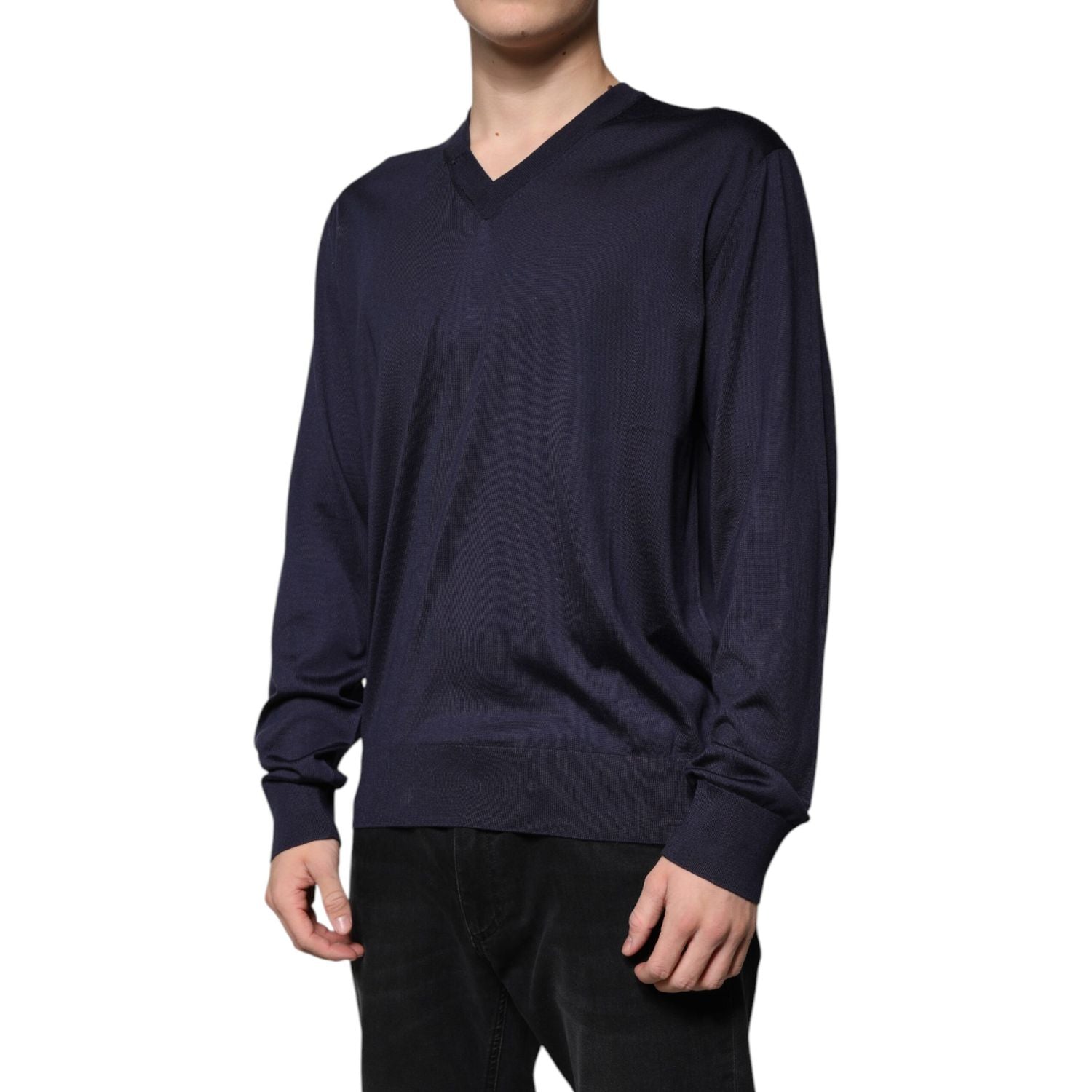 Dolce & Gabbana Navy Blue Silk V-neck Pullover Sweater