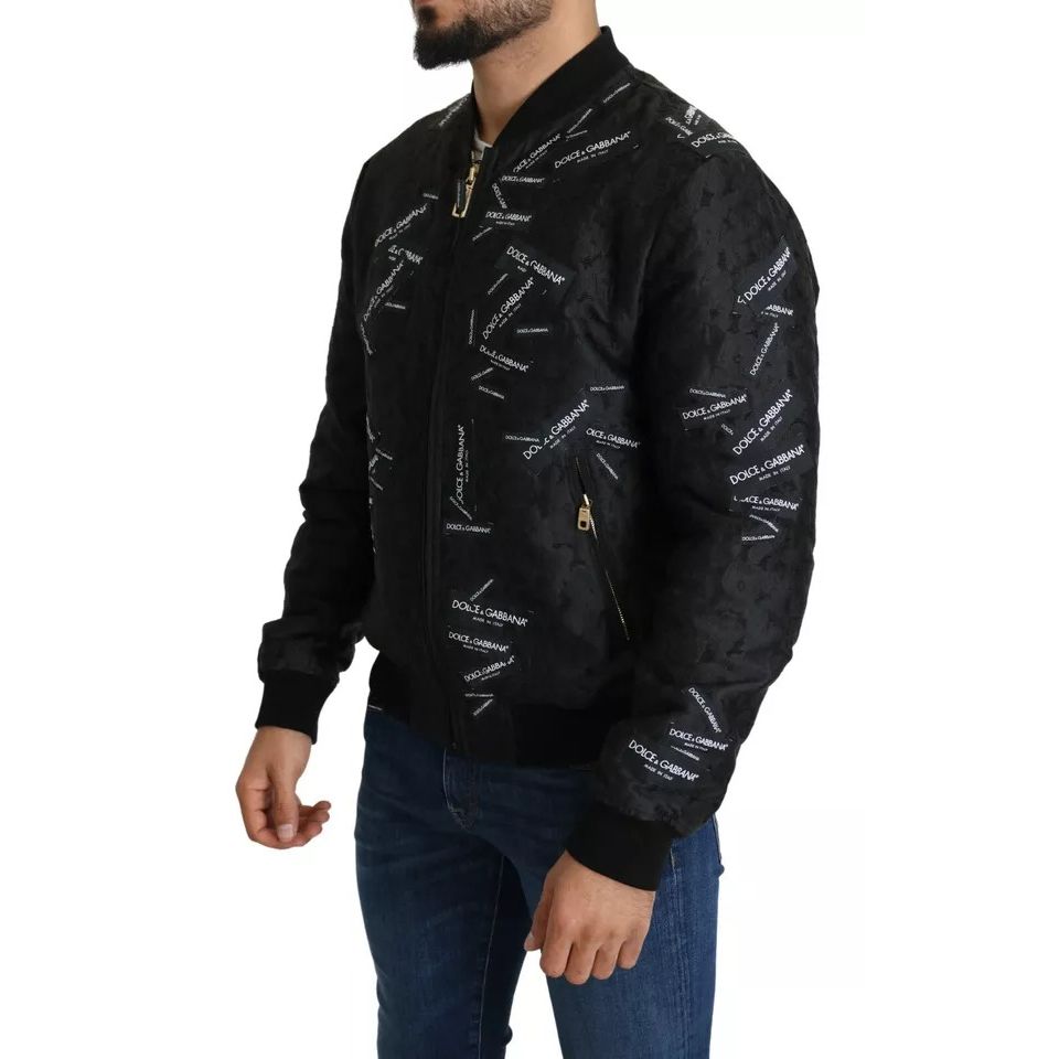 Dolce & Gabbana Black Logo Patch Brocade Bomber Full Zip Jacket