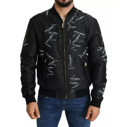 Dolce & Gabbana Black Logo Patch Brocade Bomber Full Zip Jacket