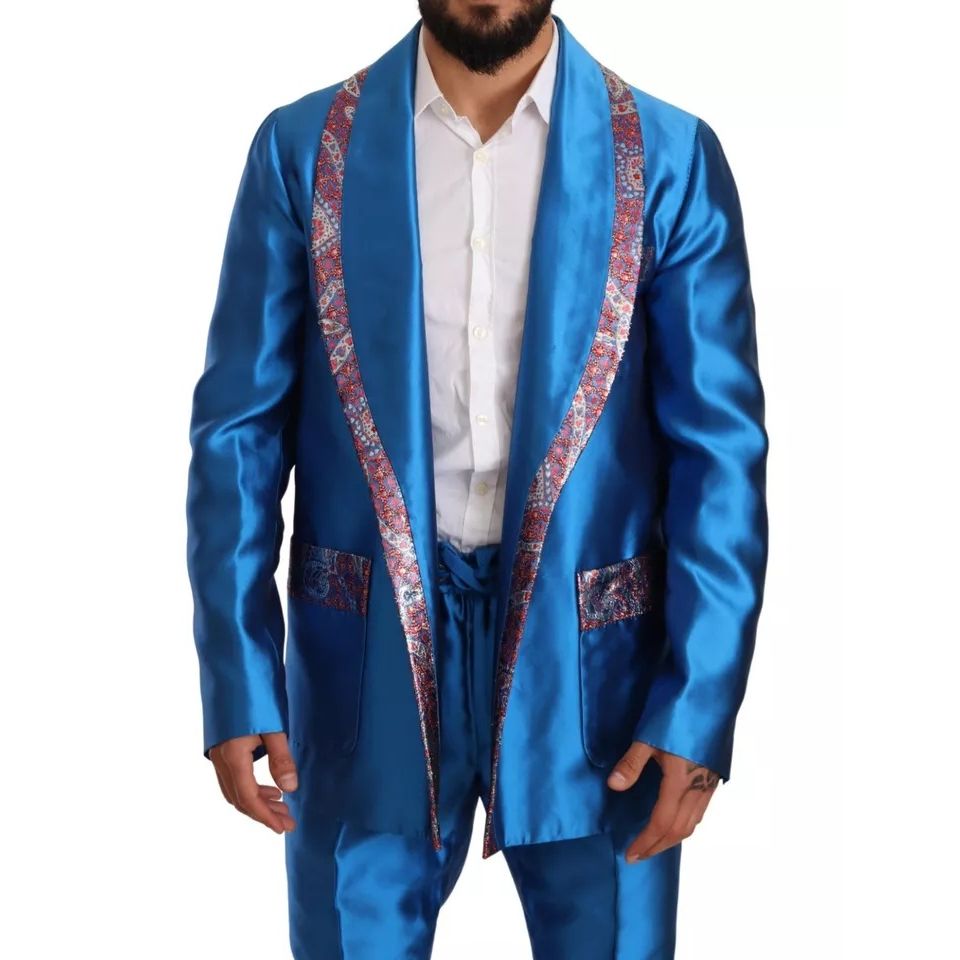 Dolce & Gabbana Blue Jacquard Silk Formal 2 Piece Set Suit