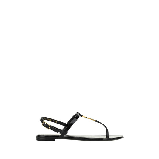 Saint Laurent Black Calf Leather Bos Taurus Flat Sandals with ankle strap, monogram detail, and logoed insole, made in Italy.