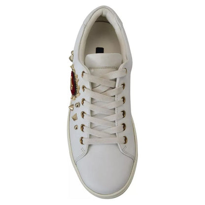 Dolce & Gabbana White Leather Gold Red Heart Sneakers Shoes