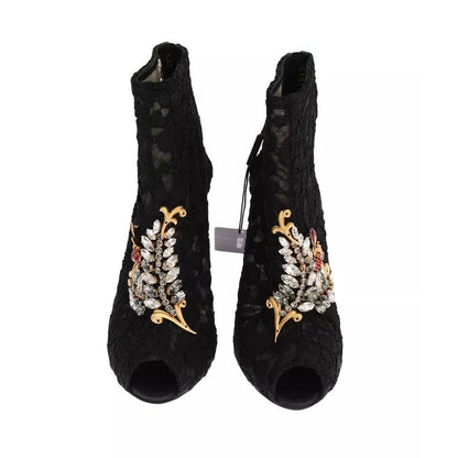 Dolce & Gabbana Black Crystal Lace Booties Stilettos Shoes