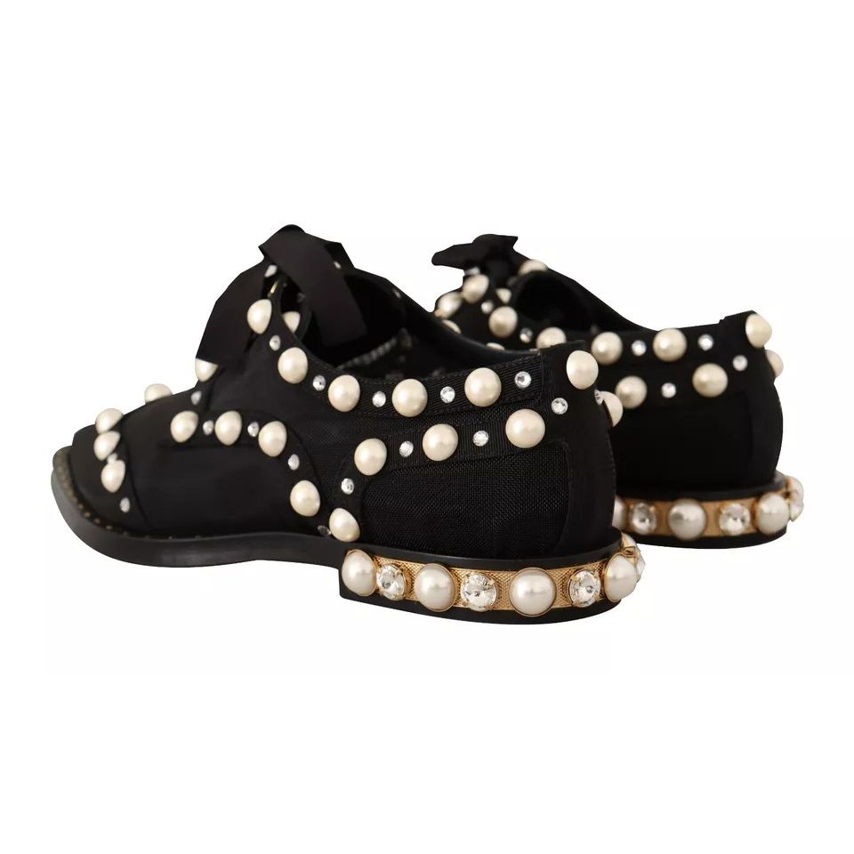 Dolce & Gabbana Black Lace Up Jewelled Formal Flats Shoes