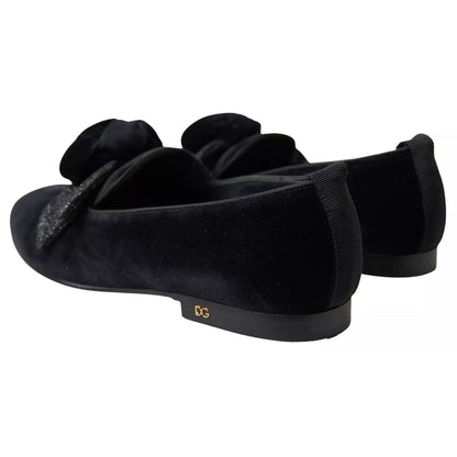 Dolce & Gabbana Black Velvet Flats Bow Young Queen Shoes