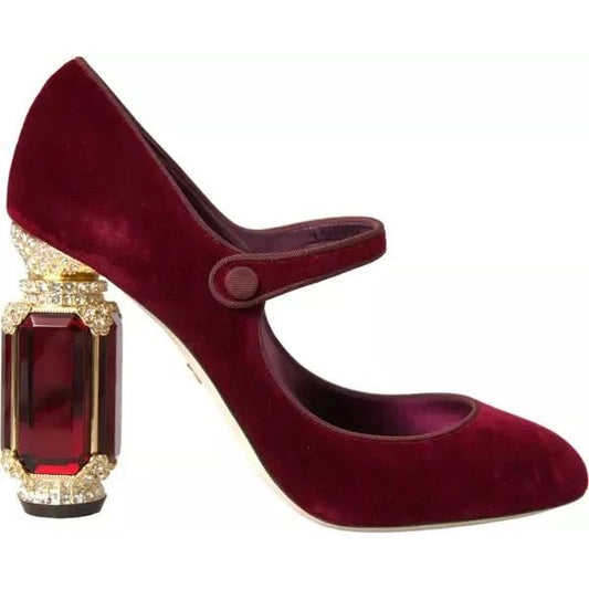 Dolce & Gabbana Red Velvet Gold Crystals Heels Mary Janes Shoes