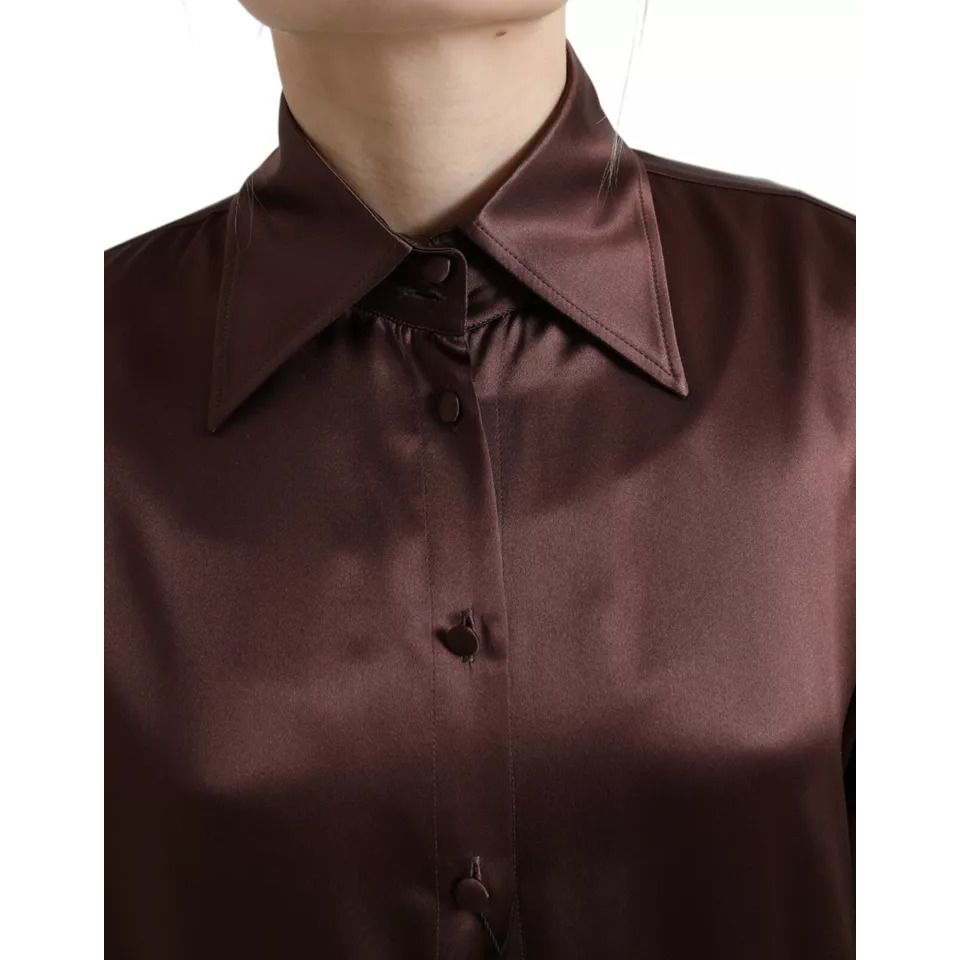 Dolce & Gabbana Brown Silk Collared Long Sleeves Top Blouse