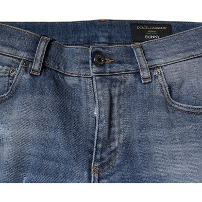 Dolce & Gabbana Blue Tattered Cotton Stretch Skinny Denim Jeans