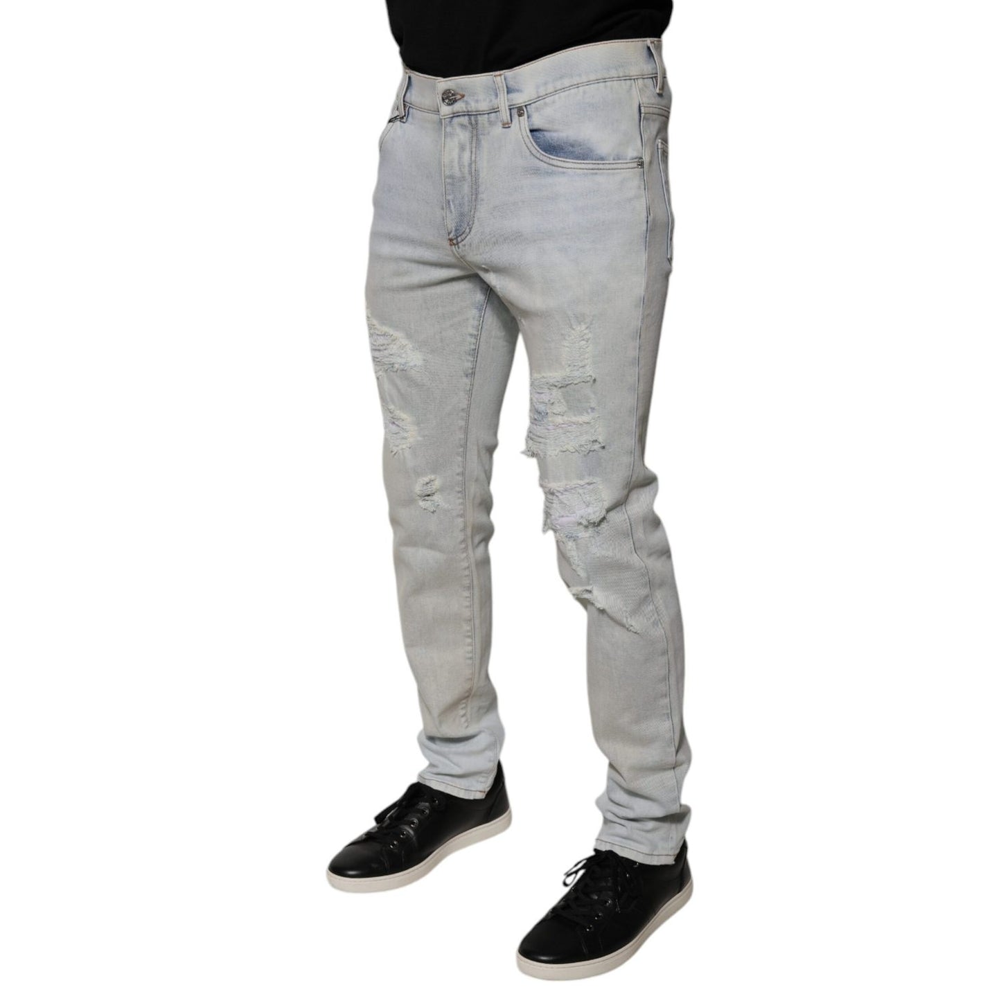 Dolce & Gabbana Light Blue Cotton Blend Tattered Skinny Denim Jeans