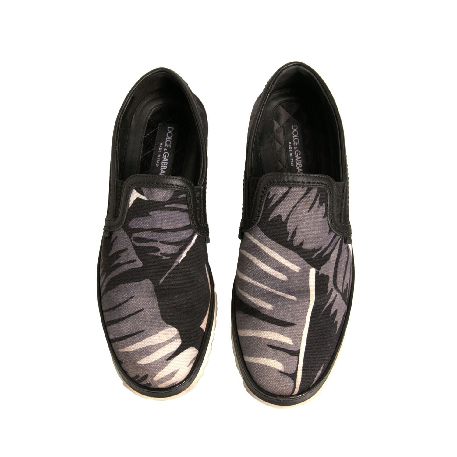 Dolce & Gabbana Black Canvas Tropical Print Slip On Shoes