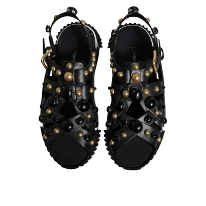 Dolce & Gabbana Black Leather Studded Slides Sandals Shoes