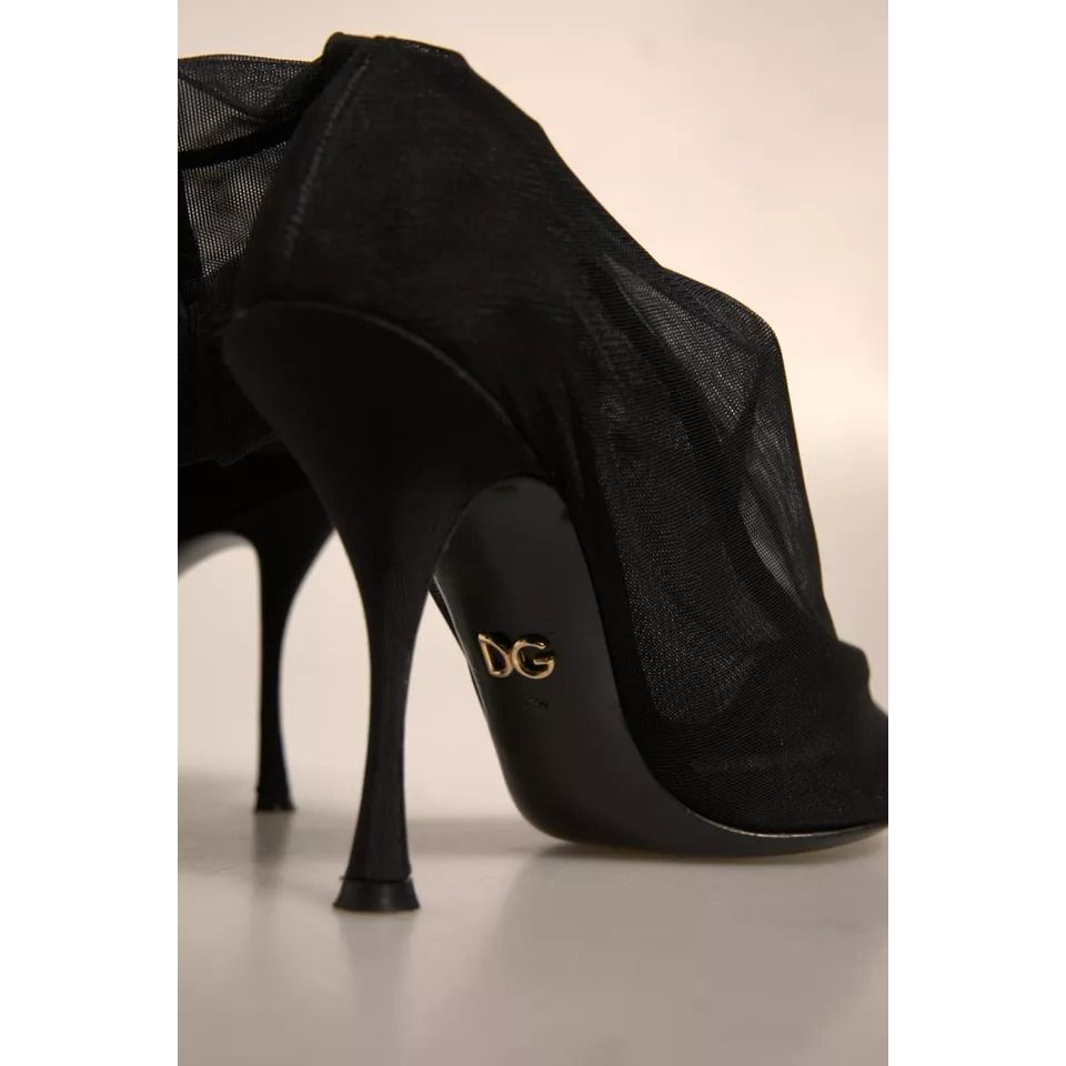 Dolce & Gabbana Black Silk Mesh Sock Style Heels Boots Shoes