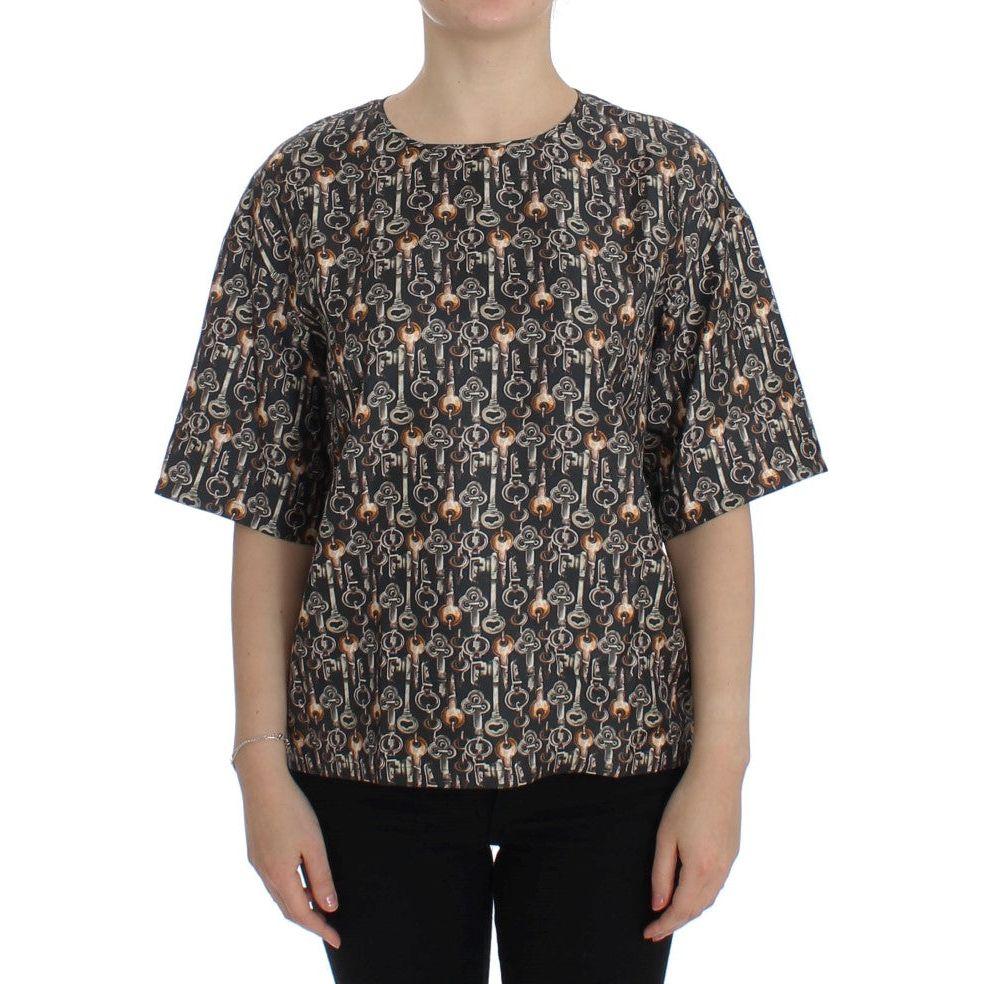 Dolce & Gabbana Gray Gold Key Print Silk Blouse T-shirt