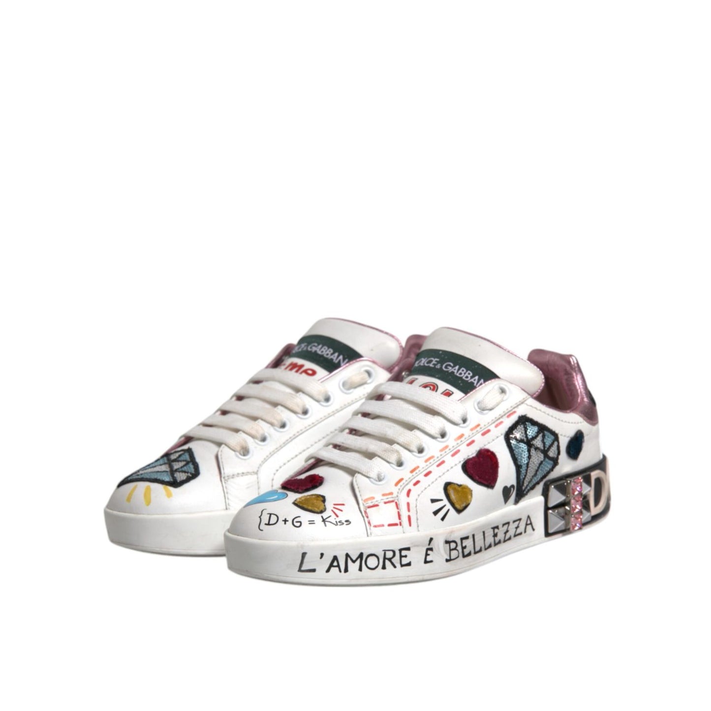 Dolce & Gabbana White Sequined Crystal Low Top Sneakers Shoes