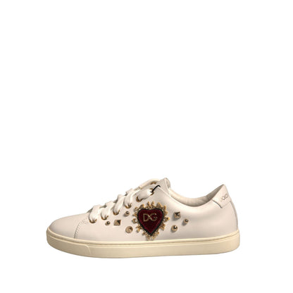 Dolce & Gabbana White Leather Gold Red Heart Sneakers Shoes