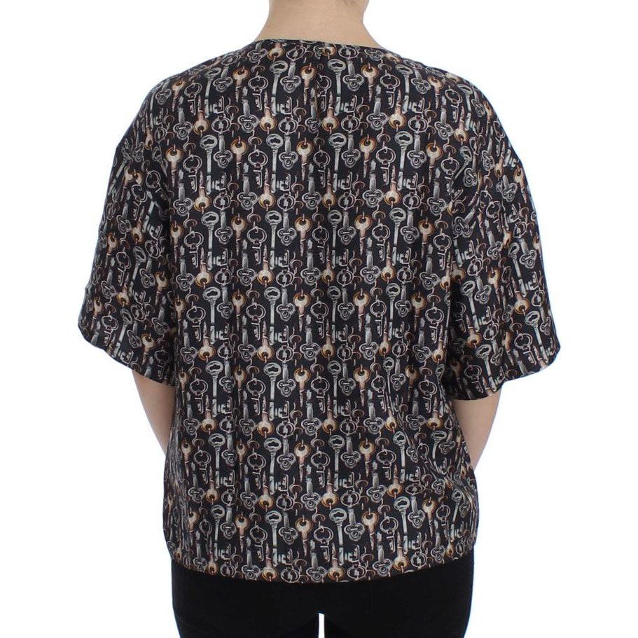 Dolce & Gabbana Gray Gold Key Print Silk Blouse T-shirt