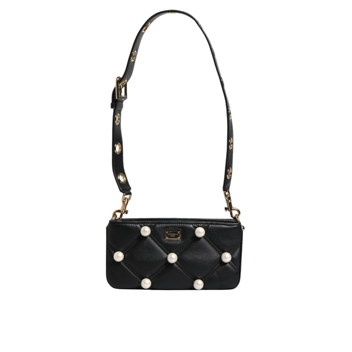Dolce & Gabbana Black Leather Pearl Embellished Logo Shoulder Bag