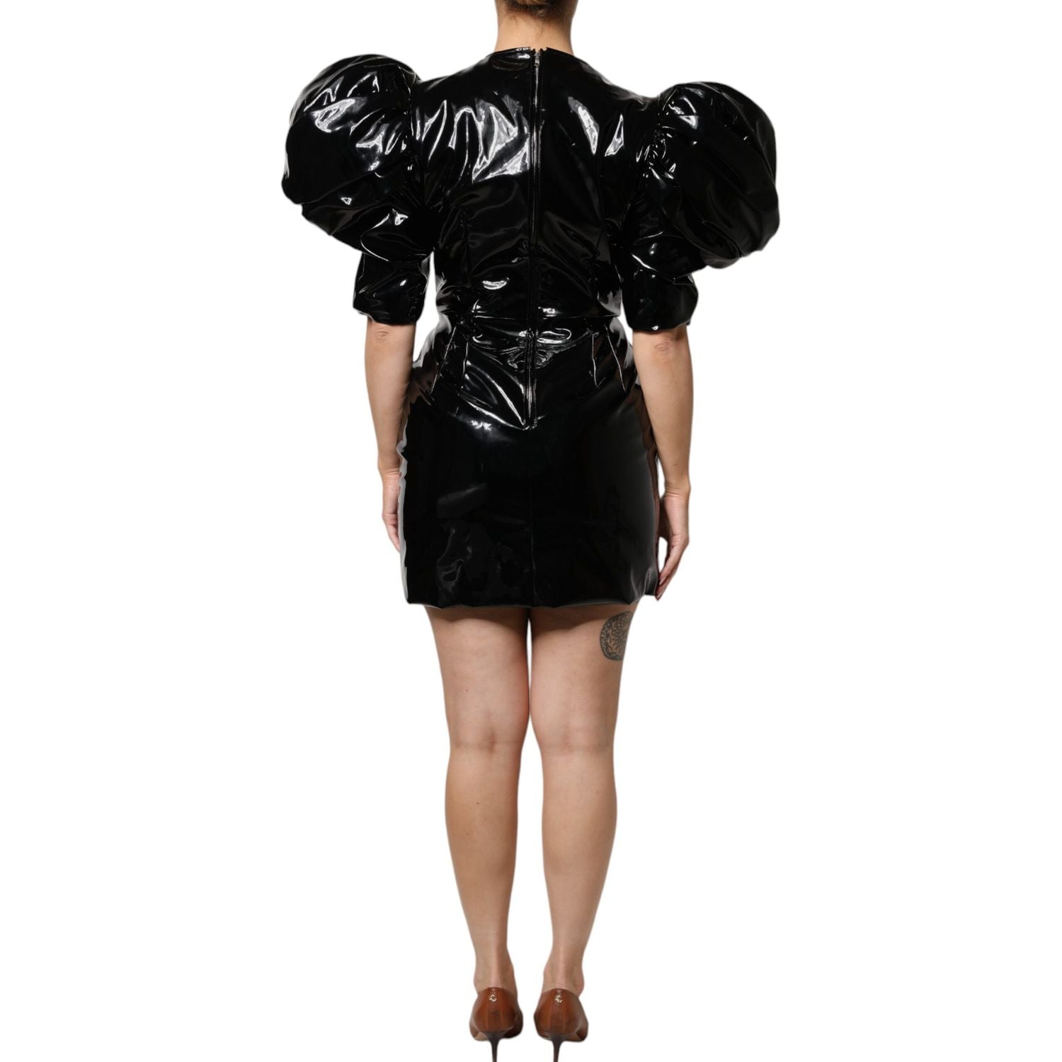 Dolce & Gabbana Black Patent Leather Puff Sleeves Mini Dress