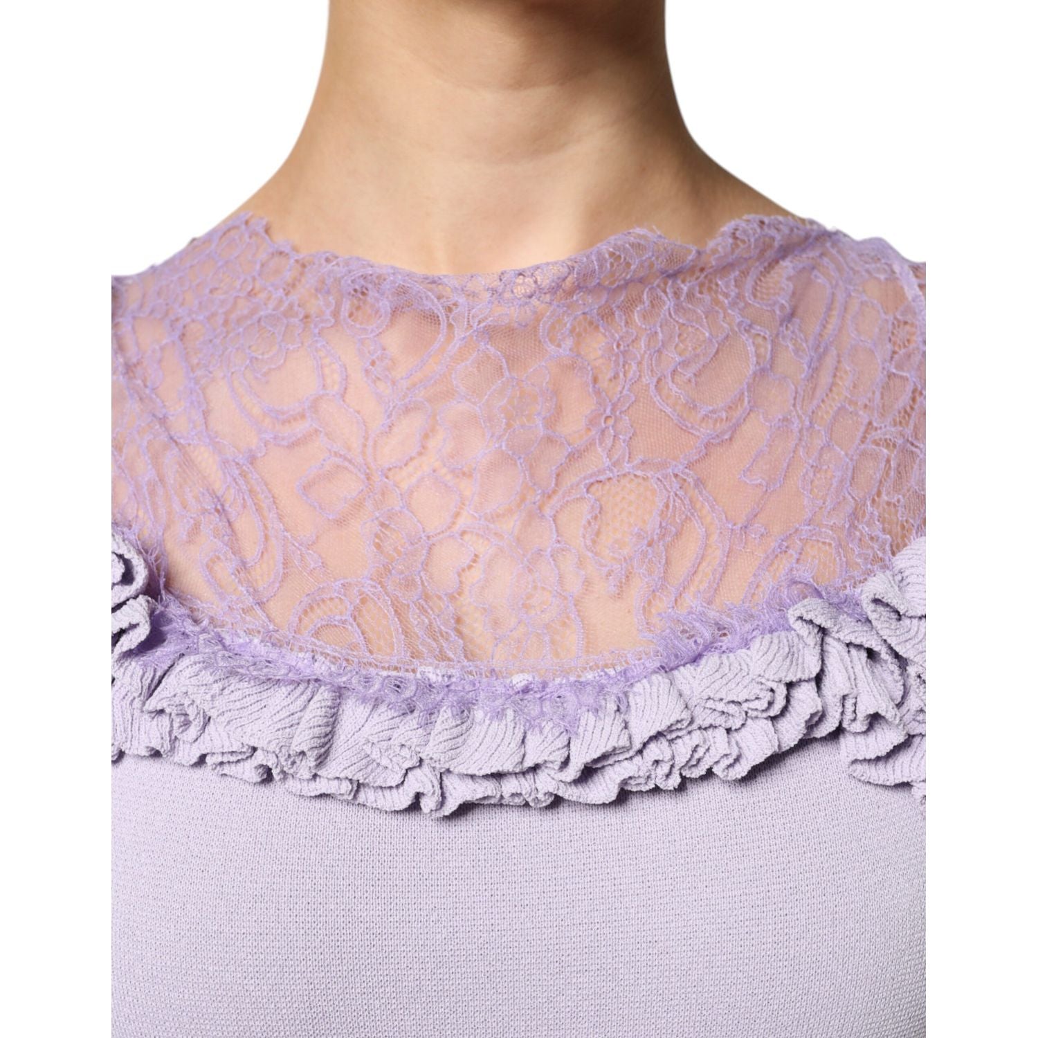 Blumarine Purple Short Sleeves Floral Lace Trim A-line Midi Dress