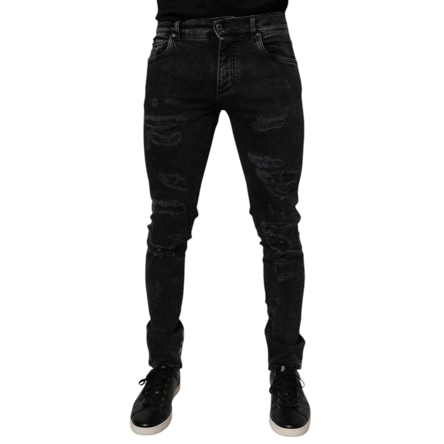 Dolce & Gabbana Black Tattered Cotton Skinny Men Denim Jeans