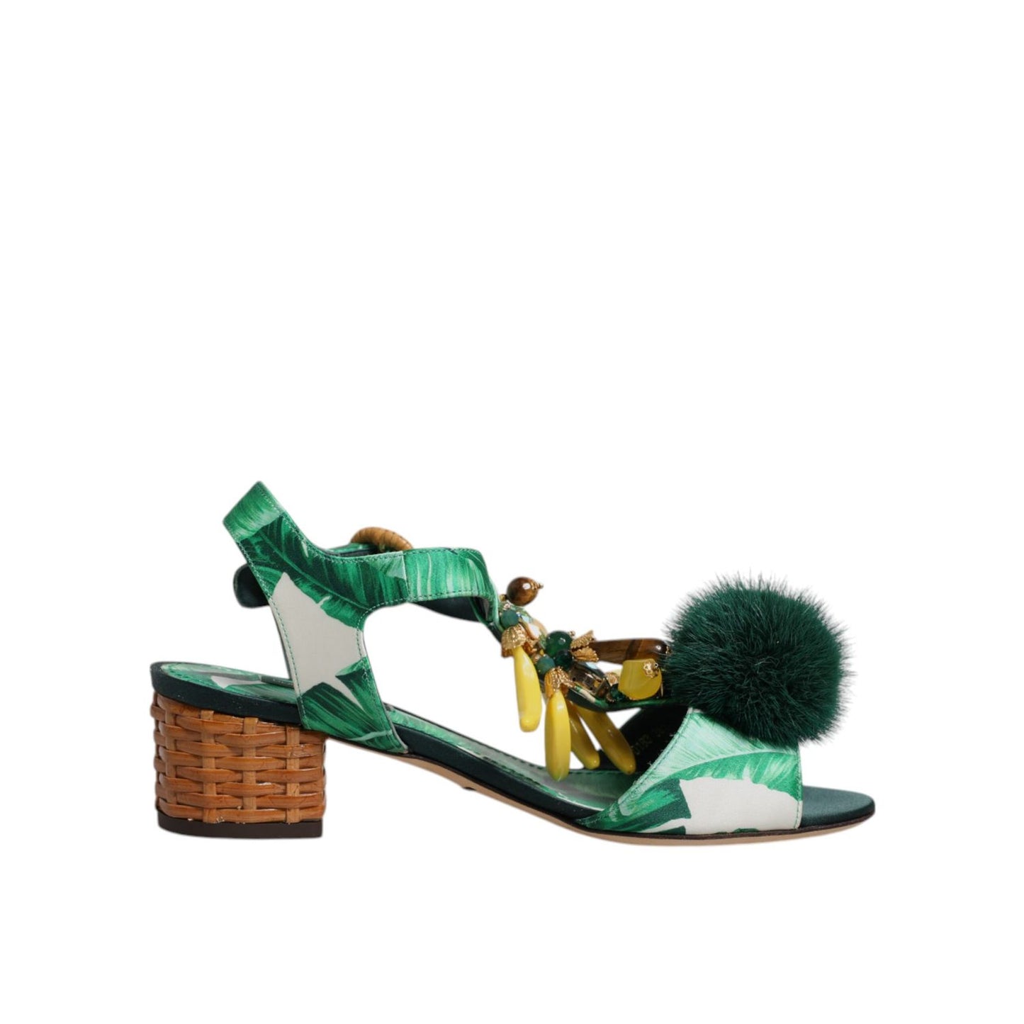 Dolce & Gabbana Green Crystal Fur Embellished Sandals Shoes
