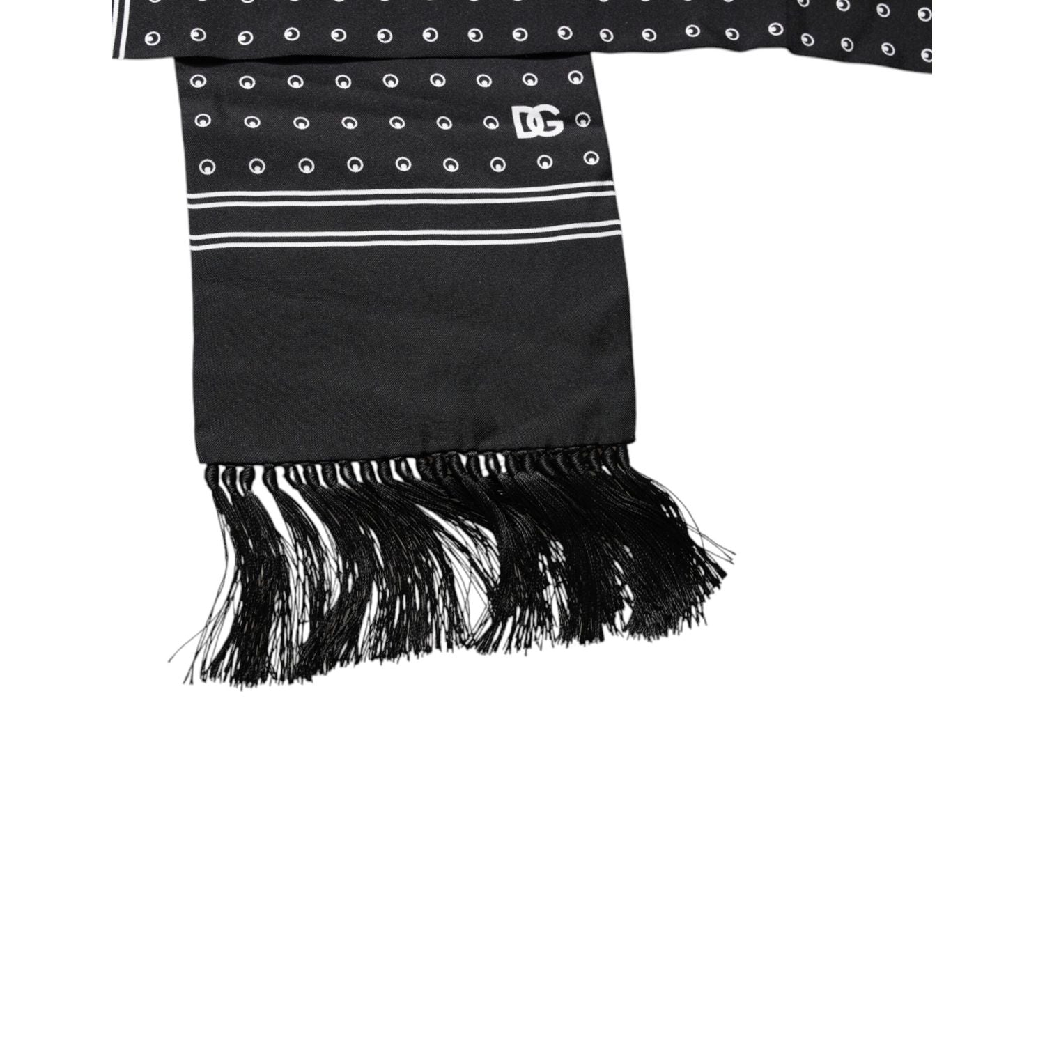 Dolce & Gabbana Black White Polka Dotted Silk Skinny Fringes Scarf