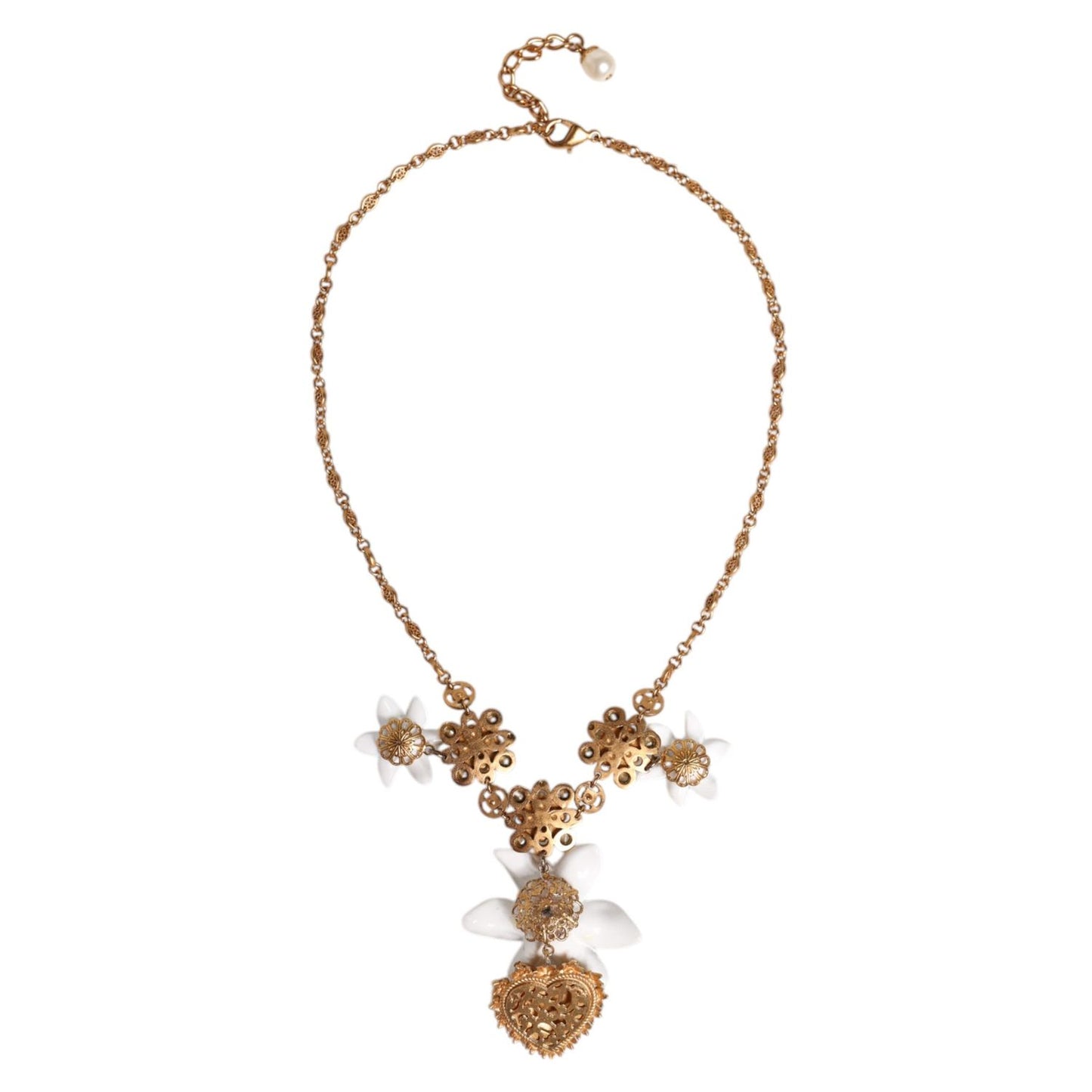 Dolce & Gabbana Gold Brass Lily Crystal Sacred Heart Pendant Necklace