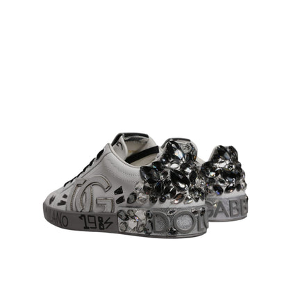 Dolce & Gabbana White Silver Crystal Logo Portofino Sneakers Shoes