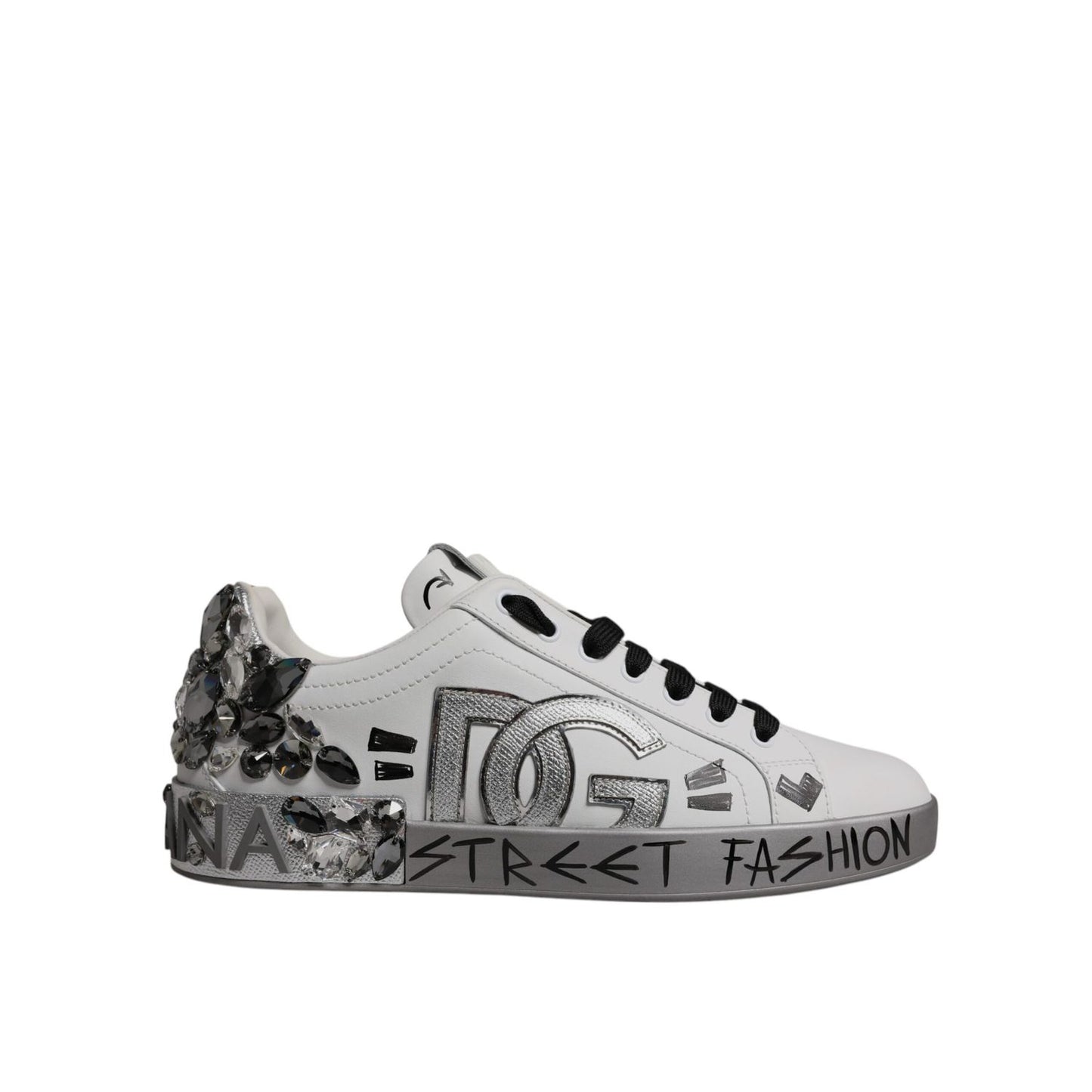 Dolce & Gabbana White Silver Crystal Logo Portofino Sneakers Shoes