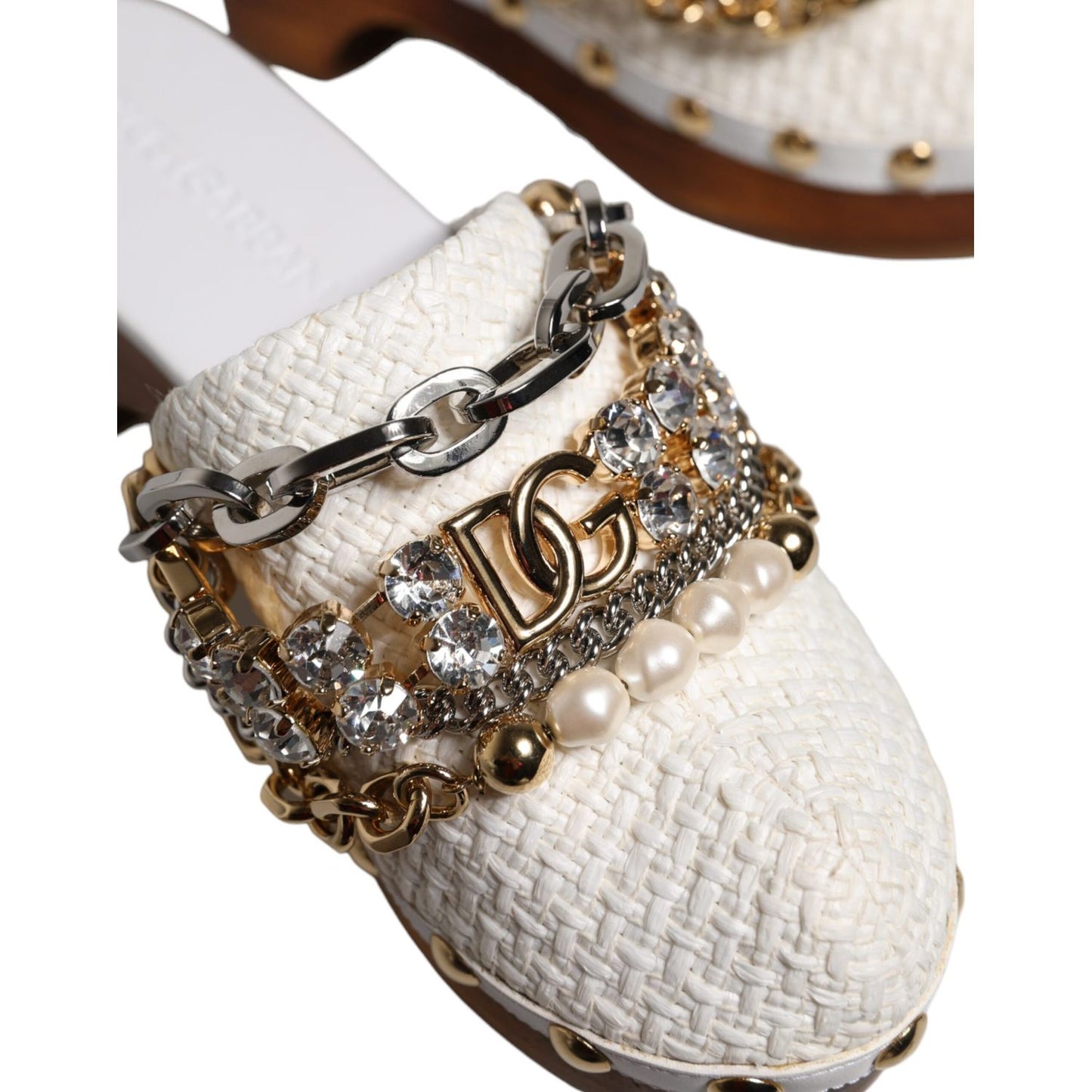 Dolce & Gabbana White Raffia Clogs Bejeweled Chain Sandals Shoes