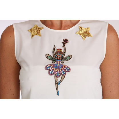 Dolce & Gabbana White Silk Embellished Crystal Sequin Fairy Top