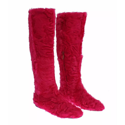 Dolce & Gabbana Pink Lamb Fur Leather Flat Boots Shoes