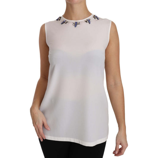 Dolce & Gabbana White Silk Embellished Crystal Dragonfly Top