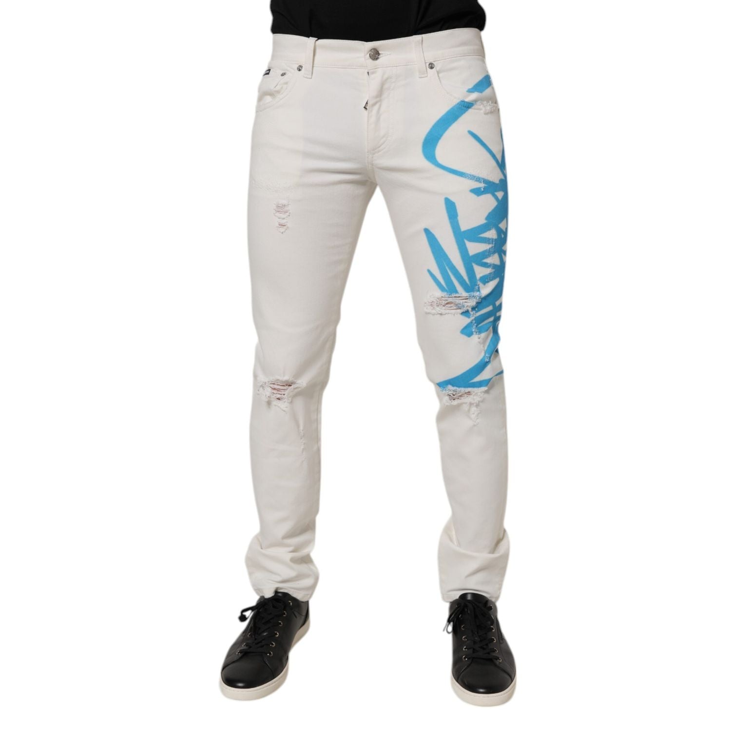 Dolce & Gabbana White Tattered Graffiti Skinny Denim Jeans