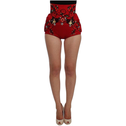 Dolce & Gabbana Red Silk Crystal Roses Shorts