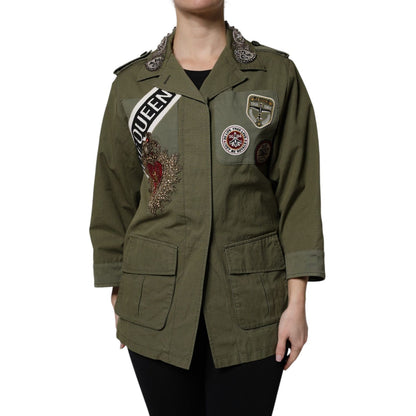 Dolce & Gabbana Military Green Queen Embellished Coat Jacket