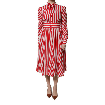 Dolce & Gabbana White Red Stripes Long Sleeves Midi Dress